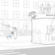 A sketch of robots on a street with humans wearing sensors that will be used to observe the interactions between robots and humans.